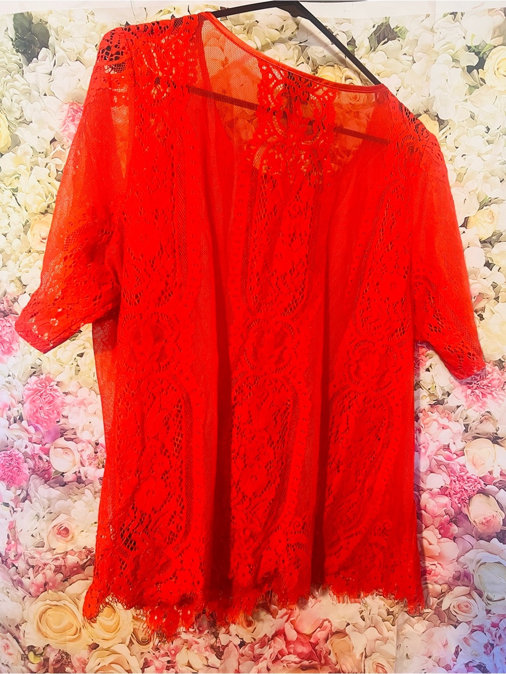 Red Lace Short-Sleeve Women’s Top - Picture 2 of 3